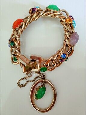 Vintage Kafin New York Designer Multi-color Glass Chain Charm Bracelet